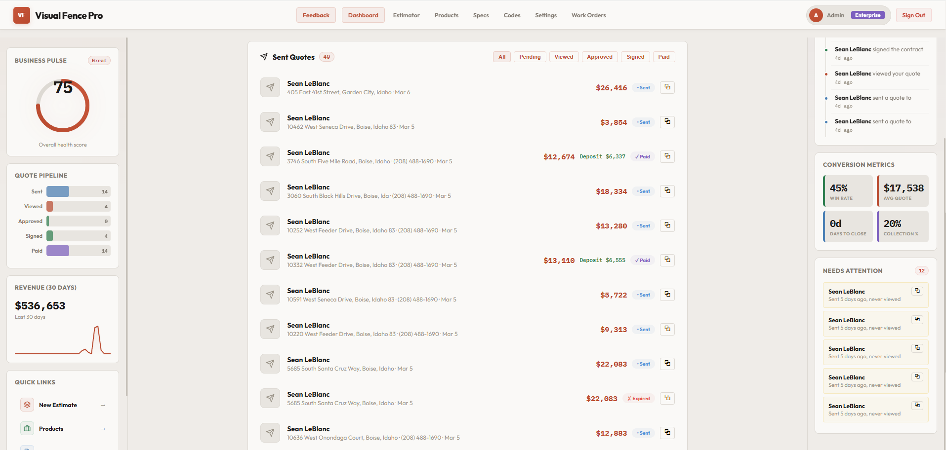 Visual Fence Pro customer quote portal